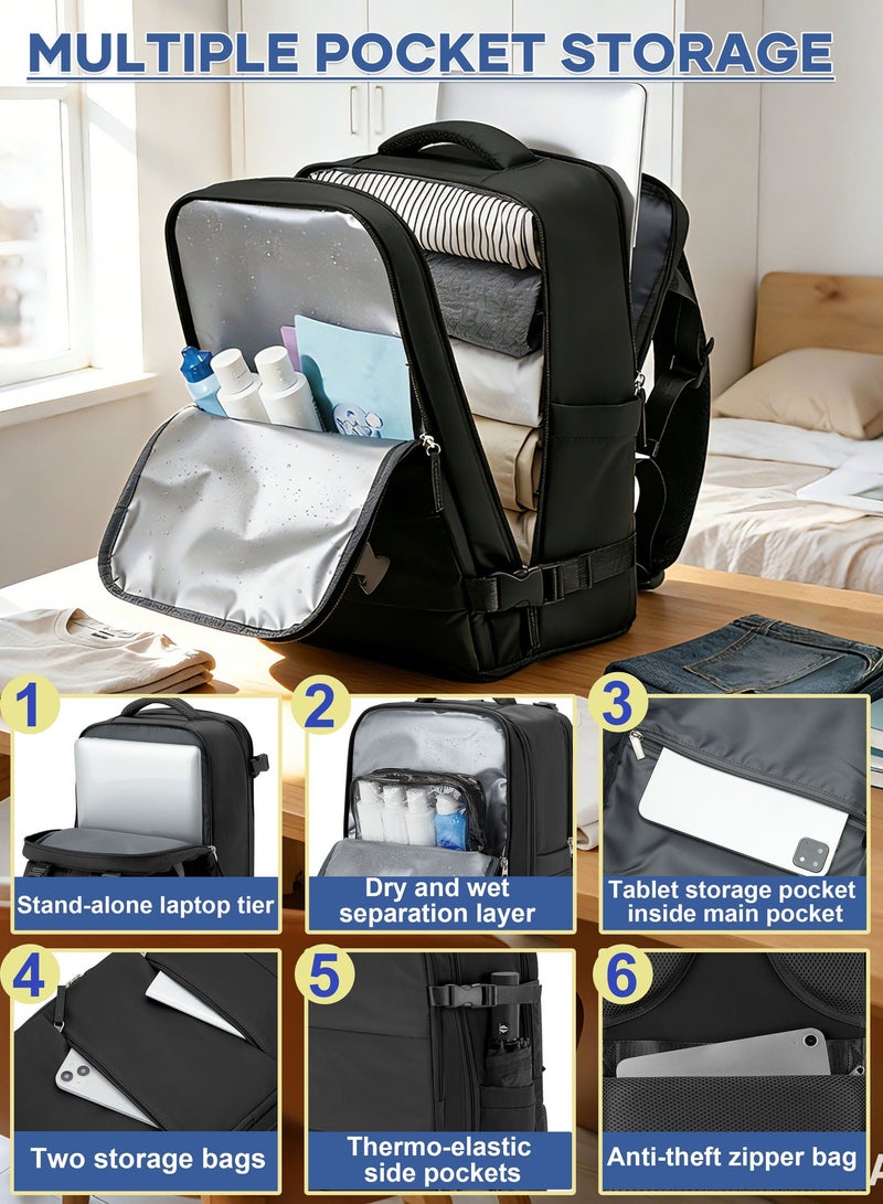 شنطة ظهر للسفر مع أكياس ضغط ومضخة هواء، شنطة ظهر لابتوب 15.6 بوصة مع جيب أحذية ومخرج USB، مقاومة للماء وجيب رطب، شنطة عمل لزيادة سعة الملابس، أسود - Image 5